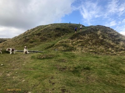 And so to the steps up onto the Twmp - these steps were installed by the local council in the mid 1980s - at the top you will get the full 360° panoramic view that has been unfolding on your trek so far.

Theoretically you can see seven counties from this 1,375ft vantage point and too many landmarks in far-off places to mention.

Can you see Cardiff Bay, the Millennium Stadium, Pen-y-fan, the Hay Bluff, Weston-Super-Mare, Clevedon, Flat Holm, Steep Holm, Prince of Wales Bridge, Bridgend's Wind Farms, Risca Tesco’s?

Well worth spending half hour here (if the wind is not cutting you in half) - but it’s also worth walking around the outside ditch of the bailey part of this Mound and Bailey Castle. You’ll get some lovely views down into the Cwmcarn valley, up through the Ebbw Valley and up to Cwmfelin and Pontllanfraith in the Sirhowy Valley. Of course you have to get to the Trig point at the centre of the Bailey for the photo that says you got to the highest point in south Wales.